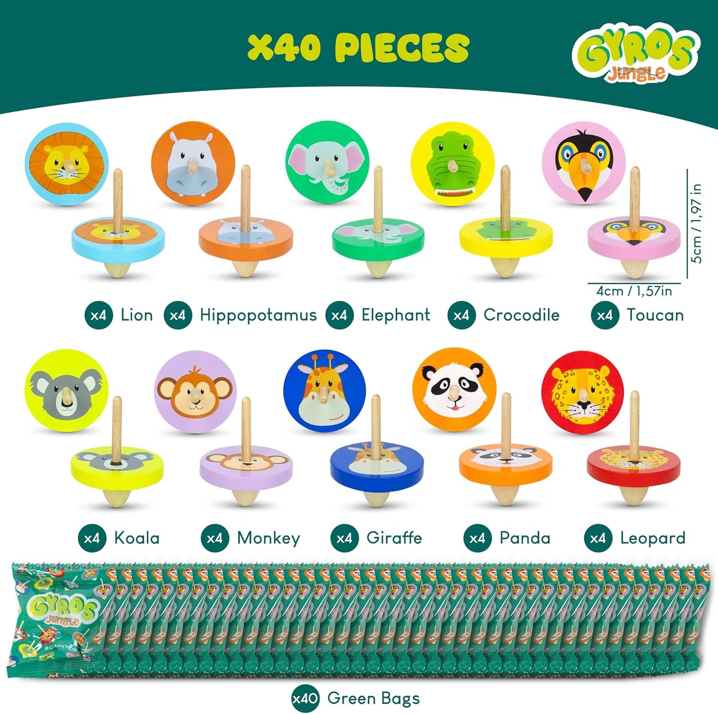 BONNYCO Wood Spinning Top 40 Pack Jungle Kids Party Favors. Spinning Tops Goodie Bags Stuffers for Kids 3-5 4-8, Return Gifts for Birthday Party. Goody Bag Stuffers, Pinata, Classroom Prizes, Rewards