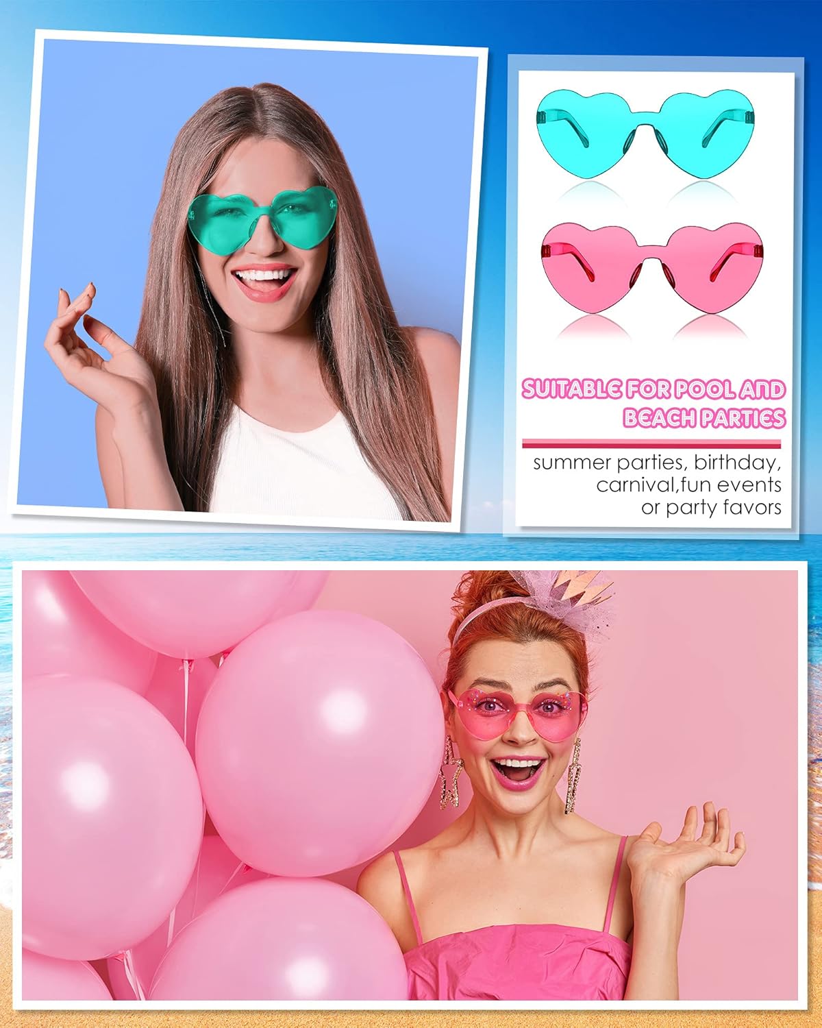 Photect 12 Pair Heart Shaped Sunglasses Neon Color Transparent Heart Glasses for Women Party Favor
