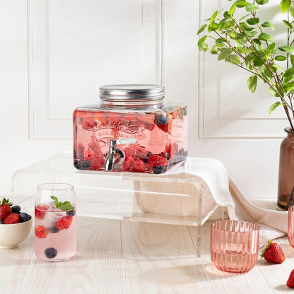 Glass Drink Dispenser for Fridge - Stainless Steel Spigot Mason Jar Dispenser with Wide Opening & Easy-Fill - Beverage Storage for Outdoor, Water, Iced Tea, Juice, Sangria & Detergent, 1 GALLON