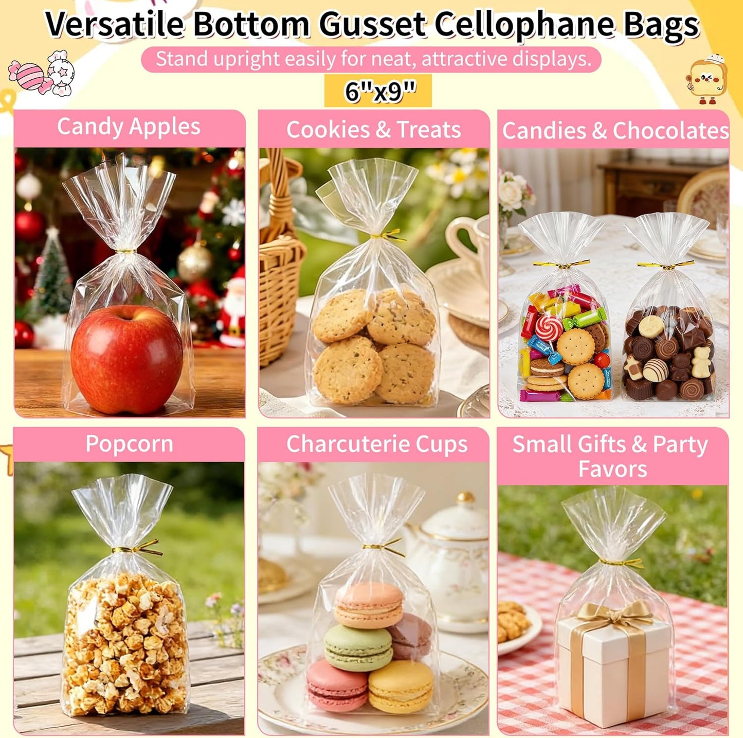 Soarvita 7x10 Inch Cellophane Treat Bags, 50 Pcs Clear Gift Bags with Bottom Gusset for Stand-Up Display, Cellophane Gift Wrap with 60 Gold Ties for Goodies, Treats, Candy, Party Favors, Toys