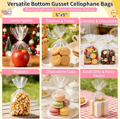 Soarvita 7x10 Inch Cellophane Treat Bags, 50 Pcs Clear Gift Bags with Bottom Gusset for Stand-Up Display, Cellophane Gift Wrap with 60 Gold Ties for Goodies, Treats, Candy, Party Favors, Toys