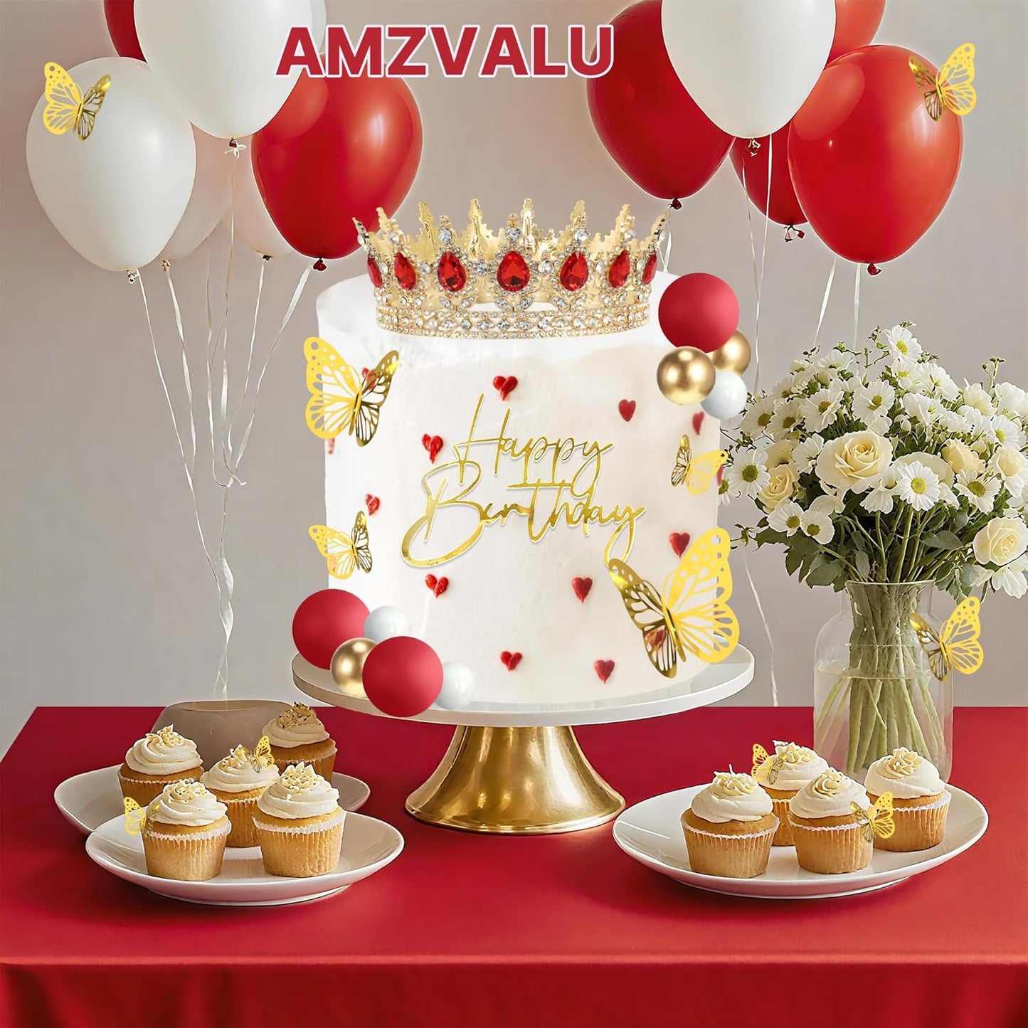 Crown Cake Topper, Balls Happy Birthday Cake Topper Pink Crown Birthday Candles Gold Butterflies, Corona Para Pastel, Cake Decorations for Birthday Wedding (Gold, Pink)