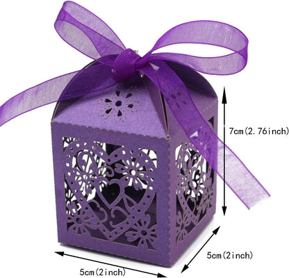 KPOSIYA 100 Pack Love Heart Laser Cut Wedding Party Favor Box Candy Bag Chocolate Gift Boxes Bridal Birthday Shower Bomboniere with Ribbons