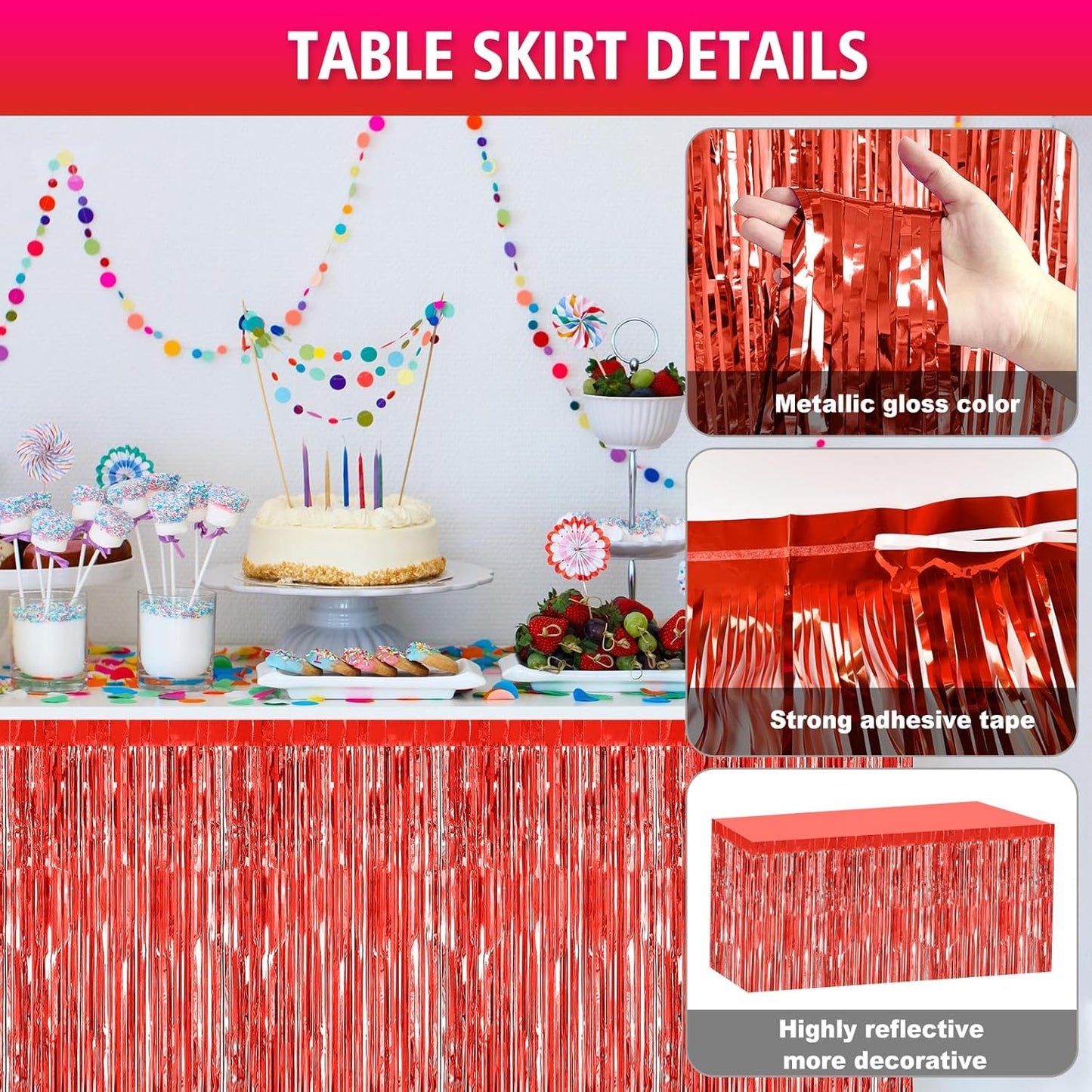 2 Pack 29.5x108 Inch Silver Foil Tinsel Fringe Table Skirts, Disposable Table Skirts for Rectangle Tables Curtains Backdrop Parade Wedding Floats Baby Shower Birthday Mardi Gras Party