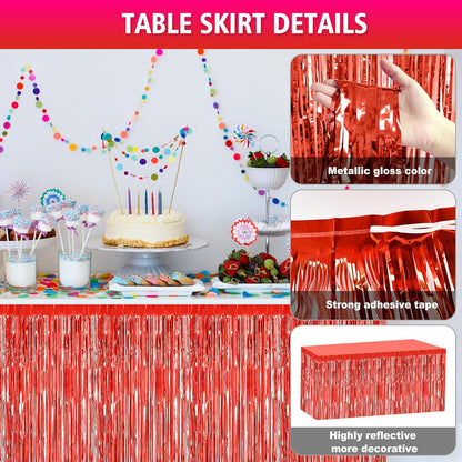 2 Pack 29.5x108 Inch Silver Foil Tinsel Fringe Table Skirts, Disposable Table Skirts for Rectangle Tables Curtains Backdrop Parade Wedding Floats Baby Shower Birthday Mardi Gras Party