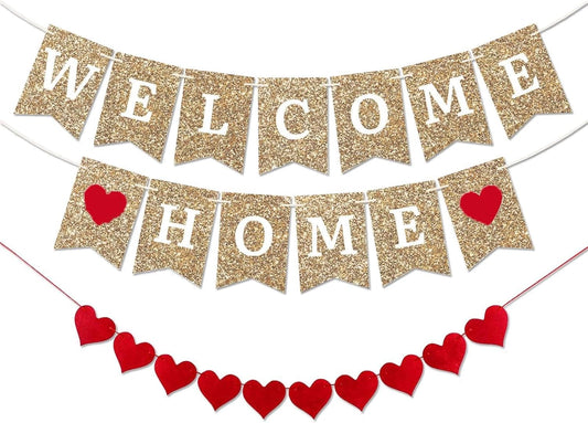 Gold Welcome Home Banner - Fully Assembled and Ready to Hang - Glitter Welcome Home Decoration for Housewarming, Military Homecomings, and Family Celebrations - 8 ft Strand(Gold WelcomeHome)