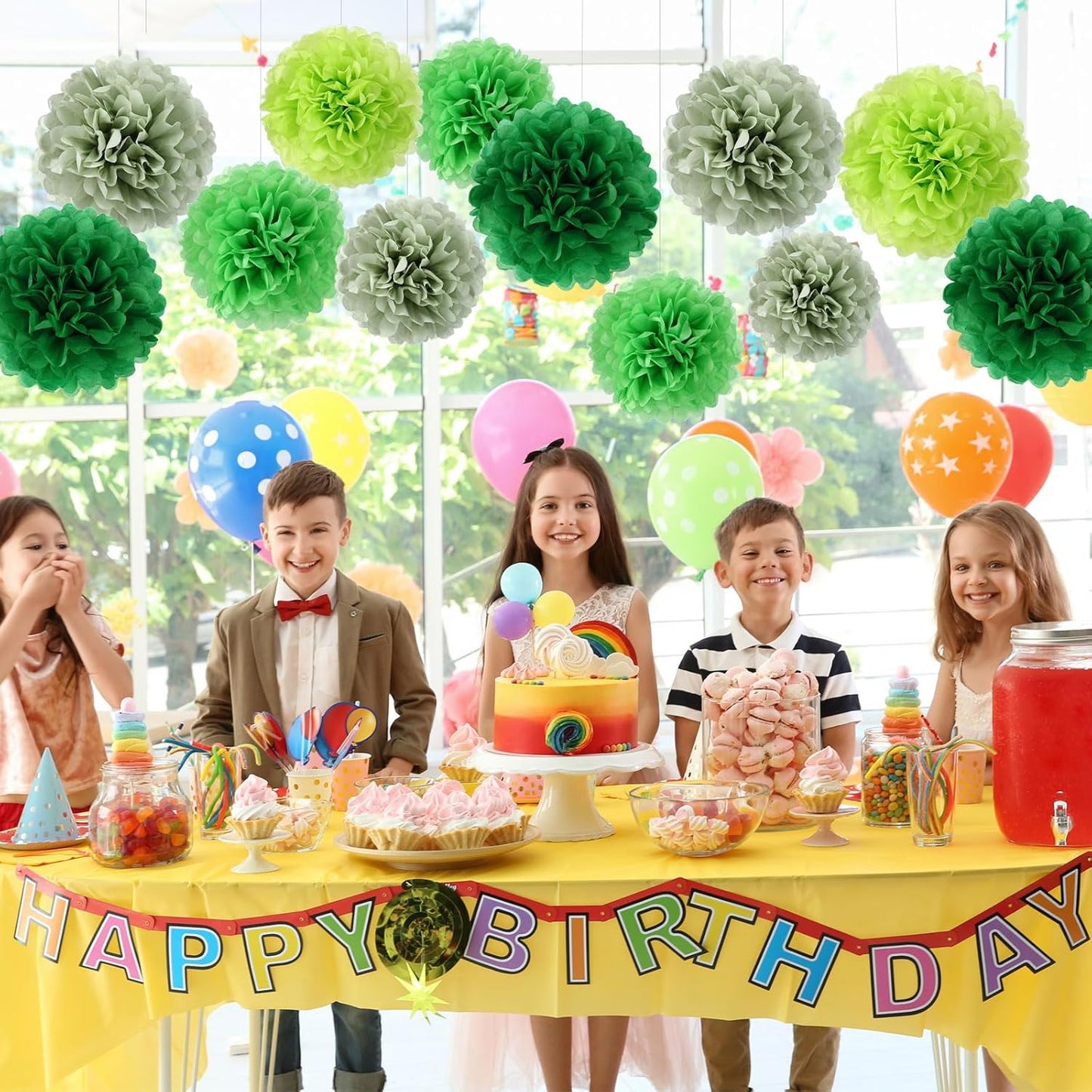 BestoFun 16 PCS Sage Green Party Decorations Tissue Paper Flowers Christmas Party Decors Hanging Pom Poms Decorations for Xmas New Year Winter Holiday Decorations