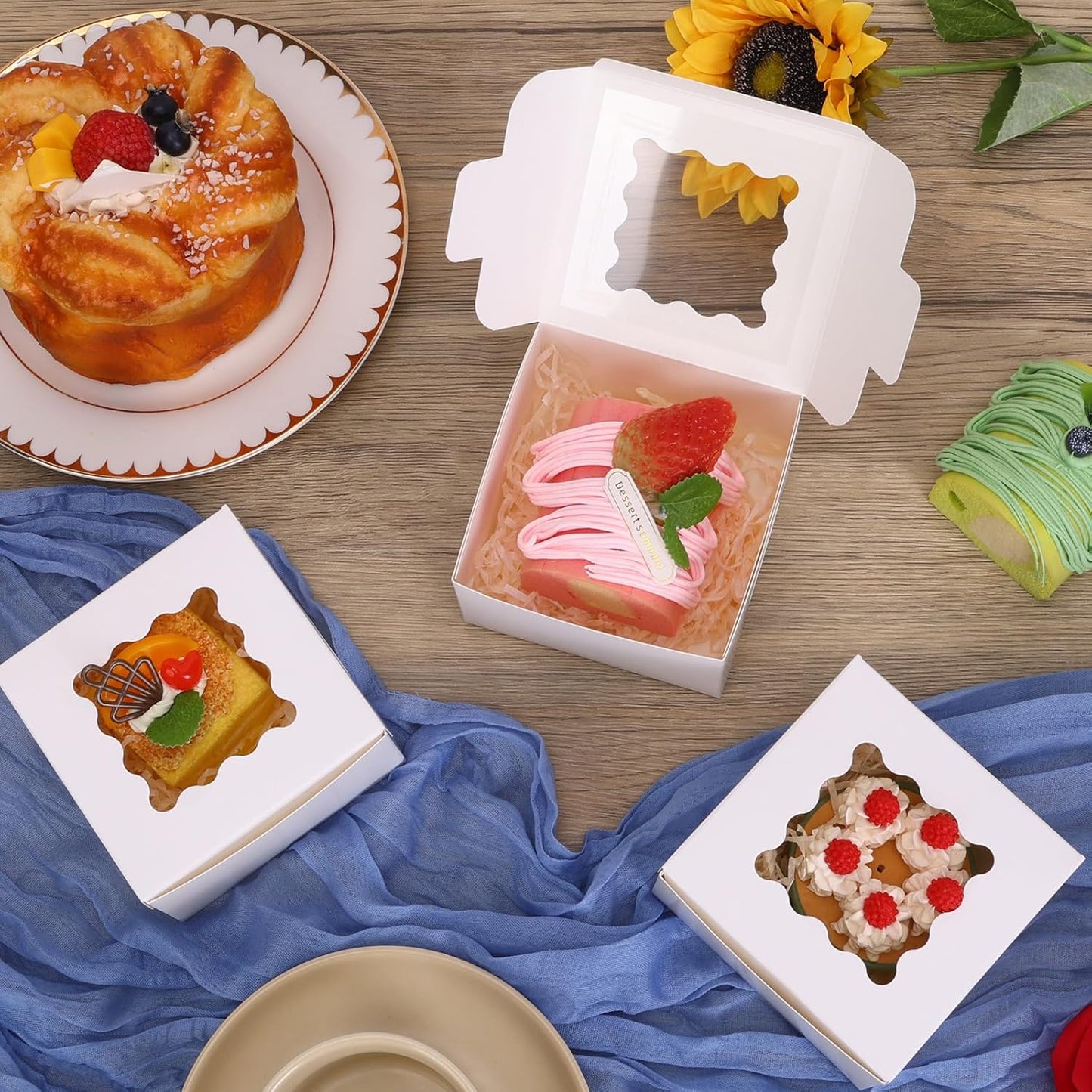 Moretoes 120pcs White Bakery Boxes, 4x4x2.5 Inch Cookie Boxes with Window for Small Cake, Treats, Donuts, Candy