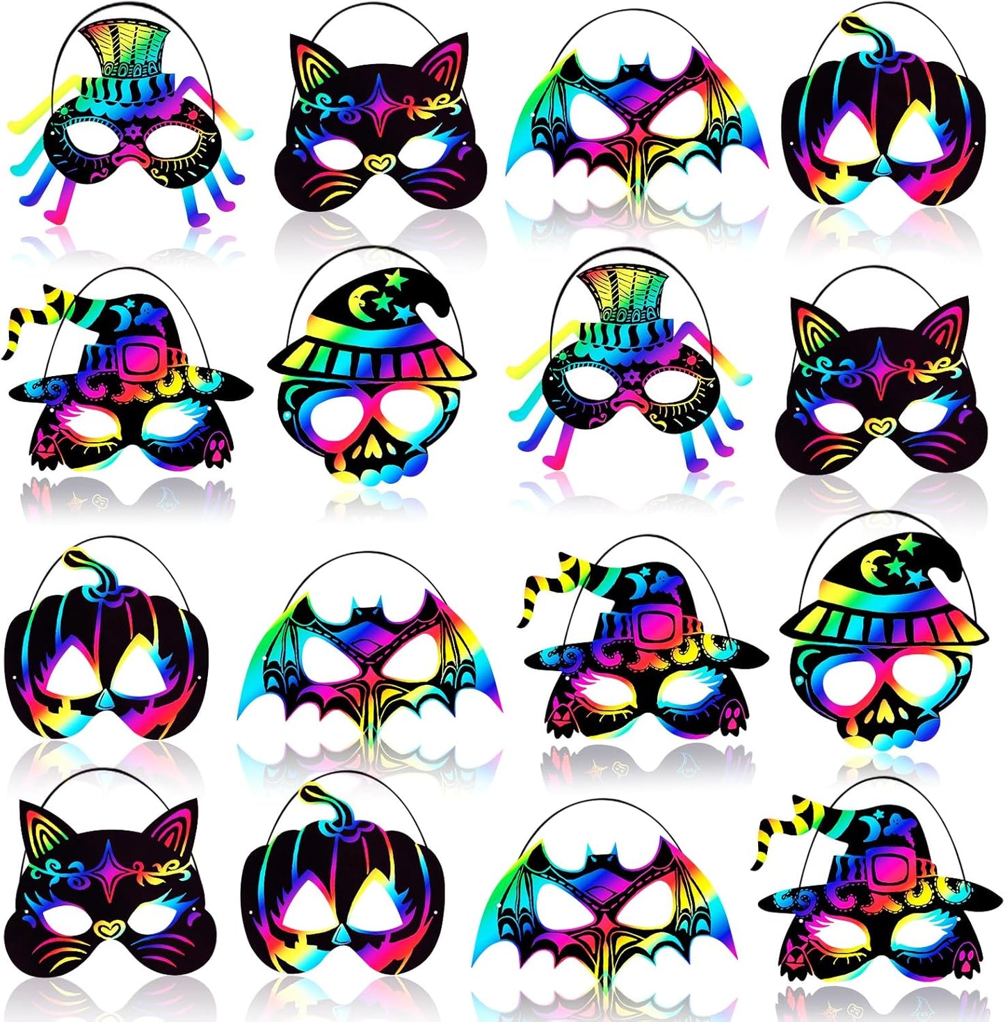 Max Fun 48PCS Halloween Crafts for Kids Kit, Rainbow Scratch Art and Crafts Mask, Birthday Cosplay Classroom Decoration, Magic Scratch Paper Halloween Party Favors Supplies Bat Witch Pumpkin Zombie