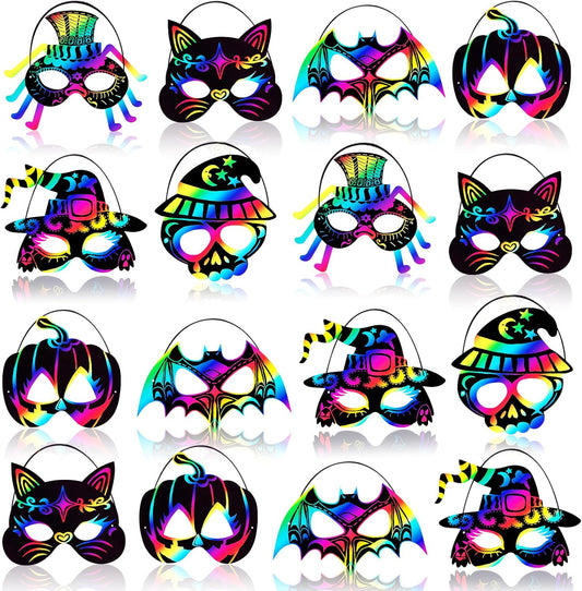 Max Fun 48PCS Halloween Crafts for Kids Kit, Rainbow Scratch Art and Crafts Mask, Birthday Cosplay Classroom Decoration, Magic Scratch Paper Halloween Party Favors Supplies Bat Witch Pumpkin Zombie