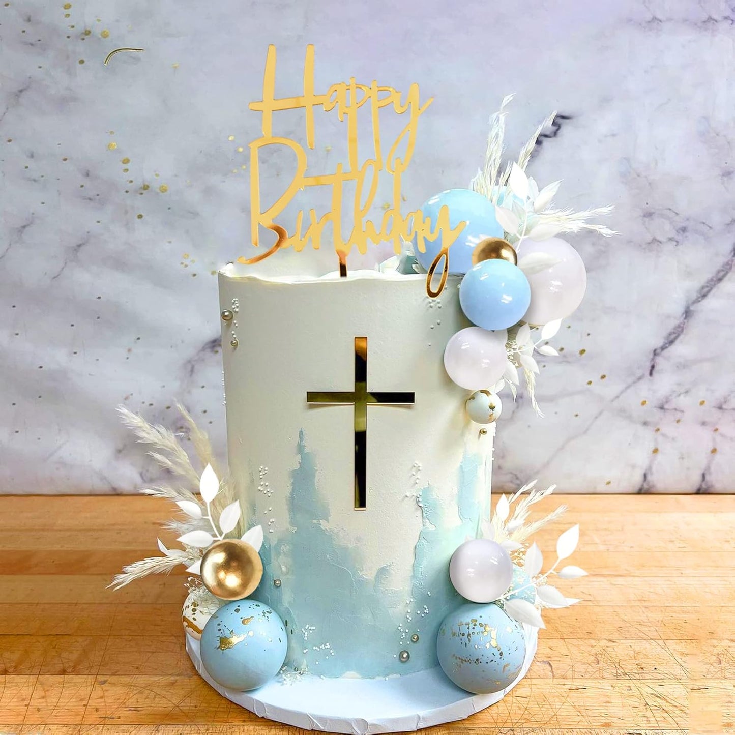 Khaki Balls Cake Topper Boho Grass Cake topper Khaki White Gold Pearl Balls Happy Birthday Cake Decorations for Wedding Birthday Boho Themed Supplies (Khaki)