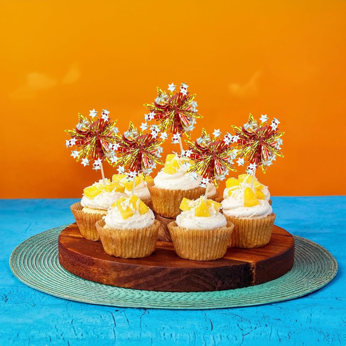 Ephlyn 30Pcs Foil Firework Cupcake Toppers Sparkle Tinsel Cupcake Picks Drink Stirrers Cocktail Food Fruit Toothpicks for Baby Shower Graduation Party Supplies White