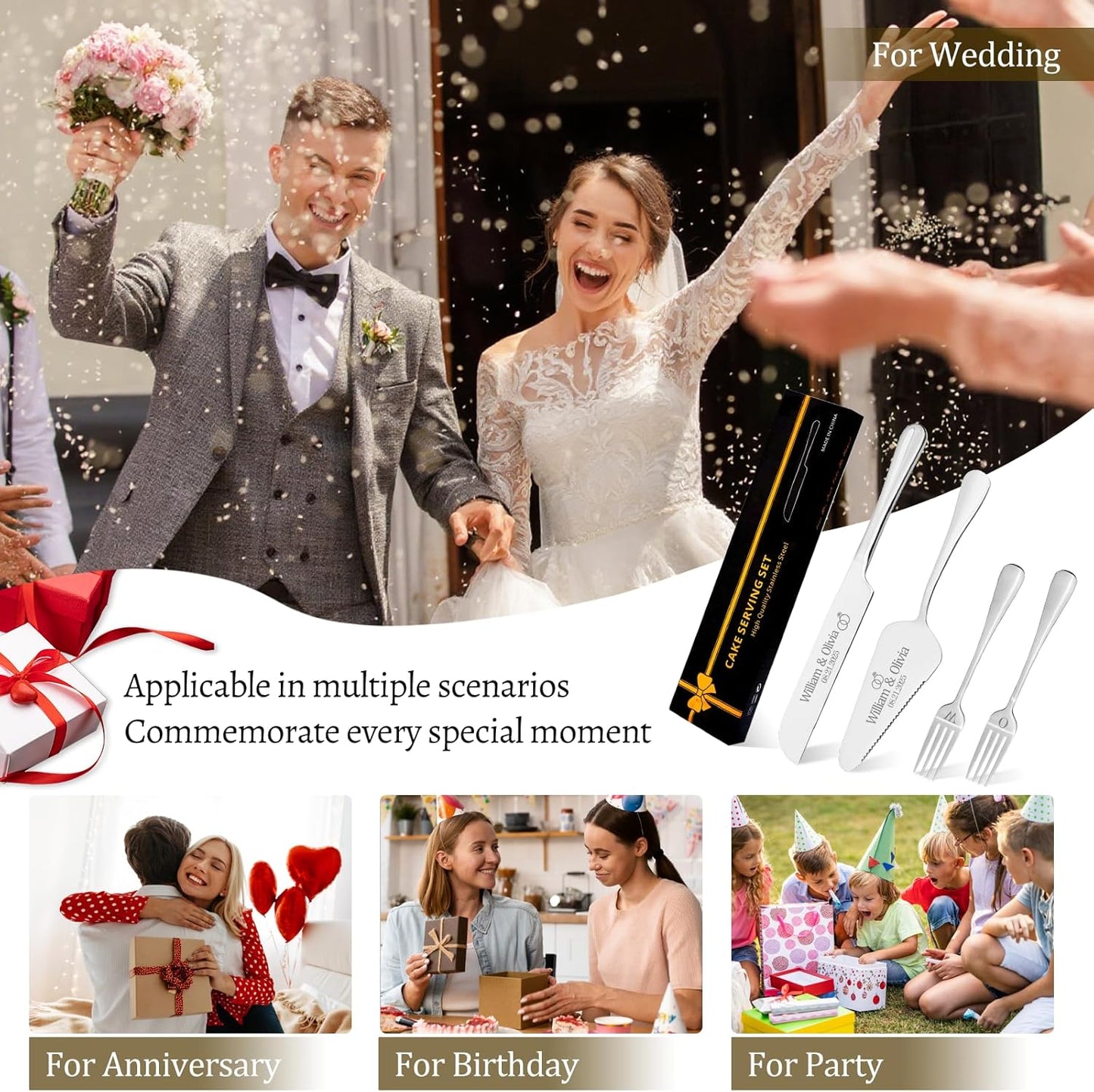 Personalized 4 Piece Cake Cutting Set for Wedding - Custom Cake Knife and Server Set with Forks, Cake Cutter Set Ideal for Wedding Anniversary Bridal Gifts (Silver)