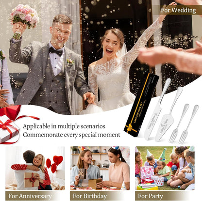 Personalized 4 Piece Cake Cutting Set for Wedding - Custom Cake Knife and Server Set with Forks, Cake Cutter Set Ideal for Wedding Anniversary Bridal Gifts (Silver)