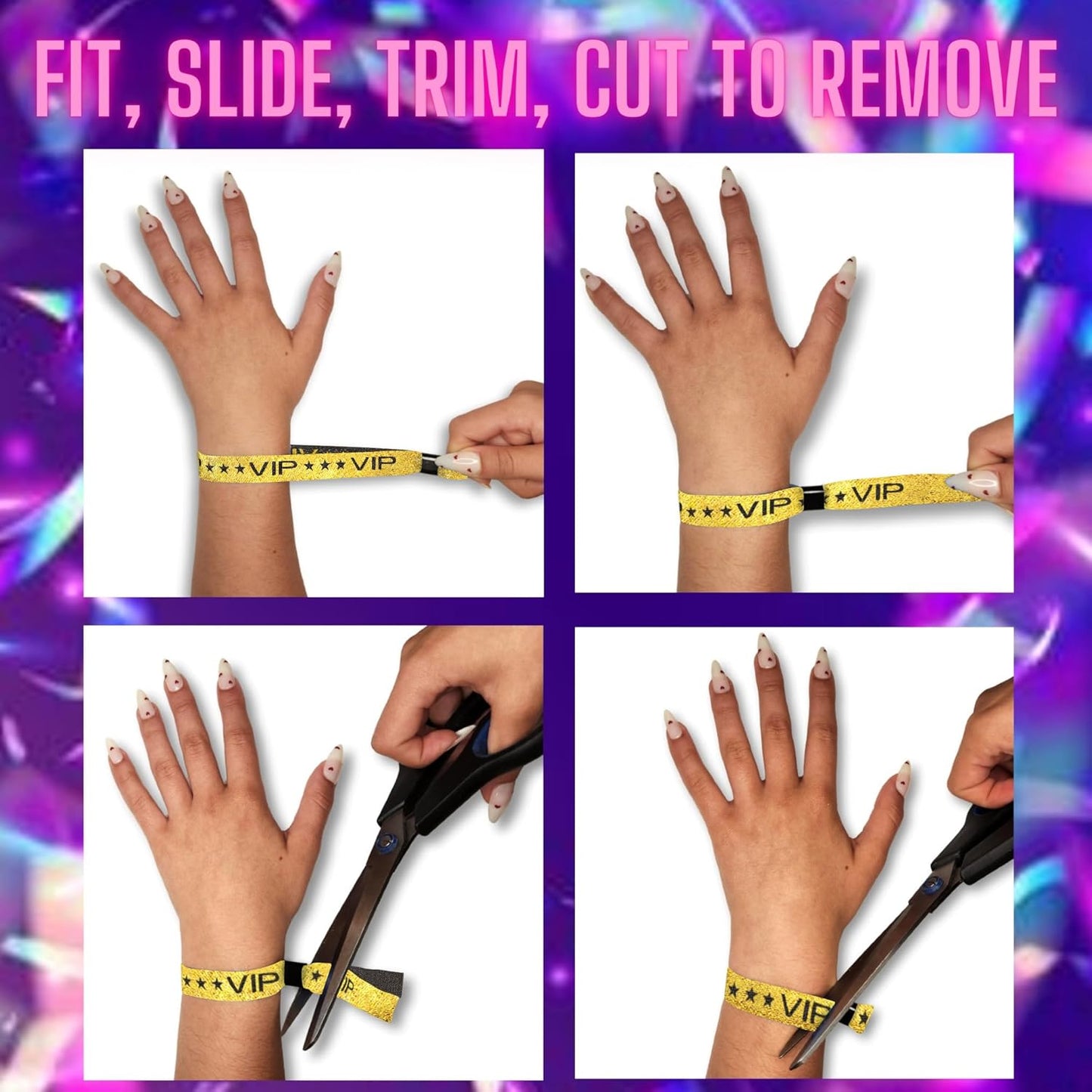 100 Pack Glitter Gold VIP Party Wristbands with Secure Locking Clip. Must Have Adjustable Sparkle VIP Wrist Bands for Events, Parties, Weddings and Festivals