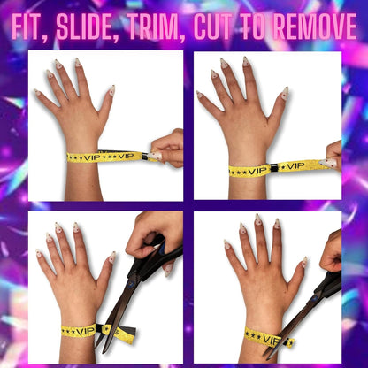 100 Pack Glitter Gold VIP Party Wristbands with Secure Locking Clip. Must Have Adjustable Sparkle VIP Wrist Bands for Events, Parties, Weddings and Festivals