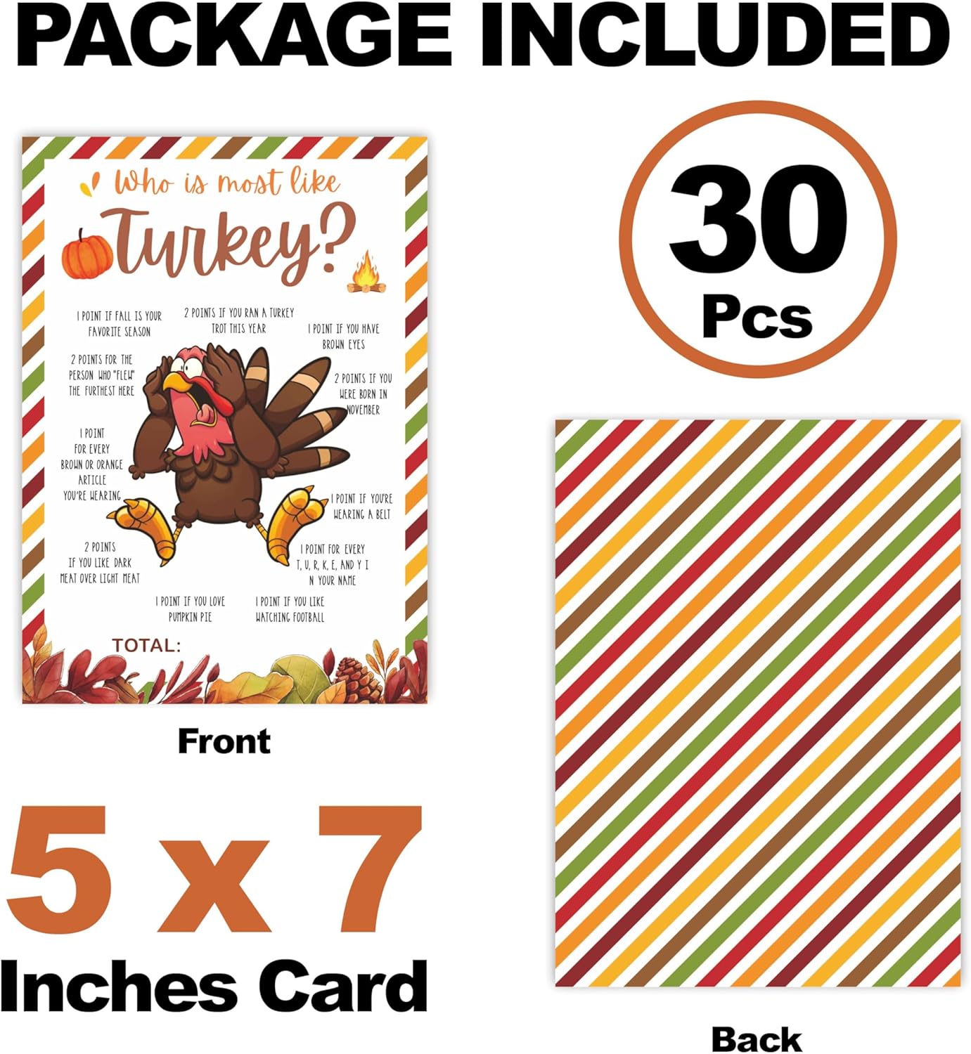 Thanksgiving Scavenger Hunt Game Set, 30 Harvest Stripes Theme Double-Sided Game Cards for Thanksgiving Parties, Family, Friends & Classroom Activities -B04