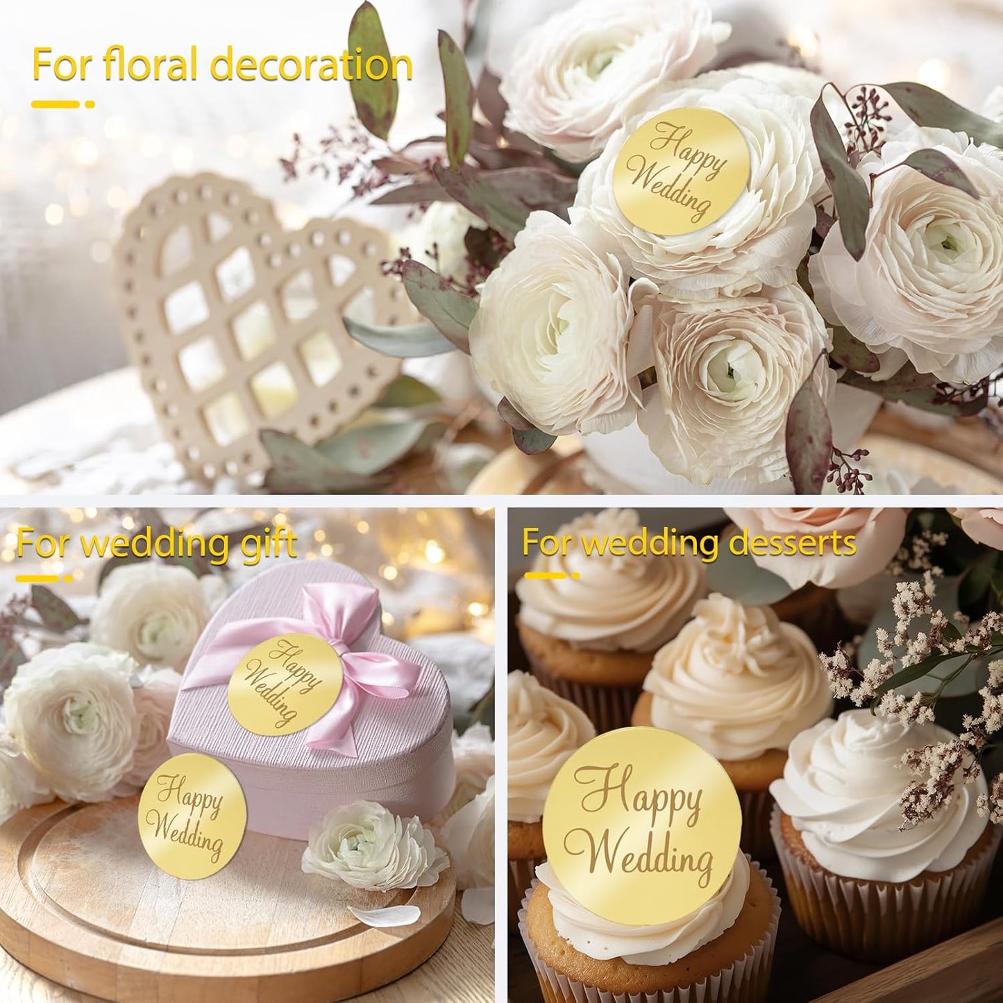 20pcs Gold Mirror Acrylic Happy Birthday Cupcake Toppers Round Engraved Cake Picks Happy Birthday Cake Toppers for DIY Birthday Gift Flower Bouquet Pastries Desserts Decor