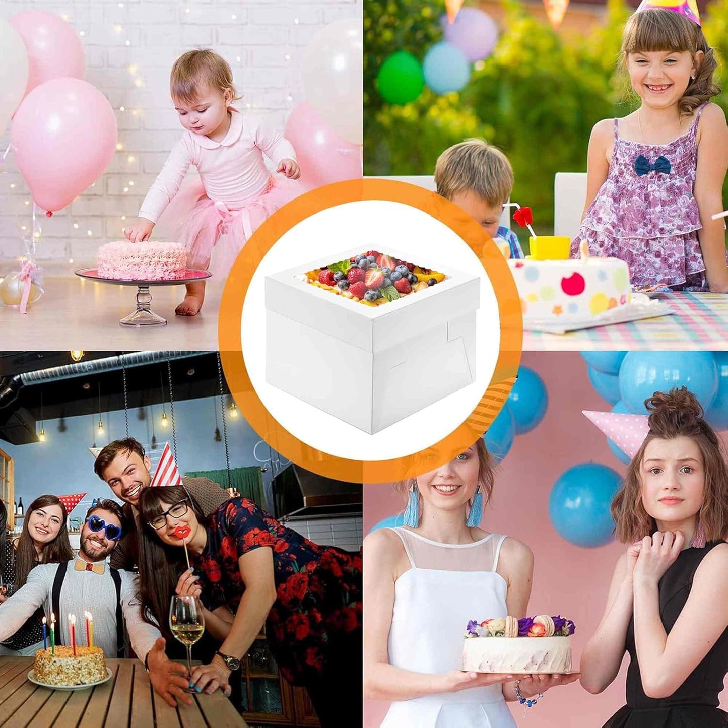 Cake Boxes with Window and Cake Boards, 8 x 8 x 8 Inches, 3 Pack, Disposable Bakery Containers for Wedding, Birthday, Party (8 inch)