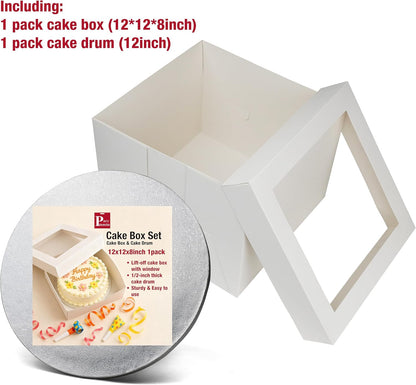12 inches White Cake Box with Cake Board, 1/2 inch Thick Silver Cake Drum Set, Square Bakery Box with Window Lid and Cake Board Combo, Disposable Container for Bakery (12x12x8“)