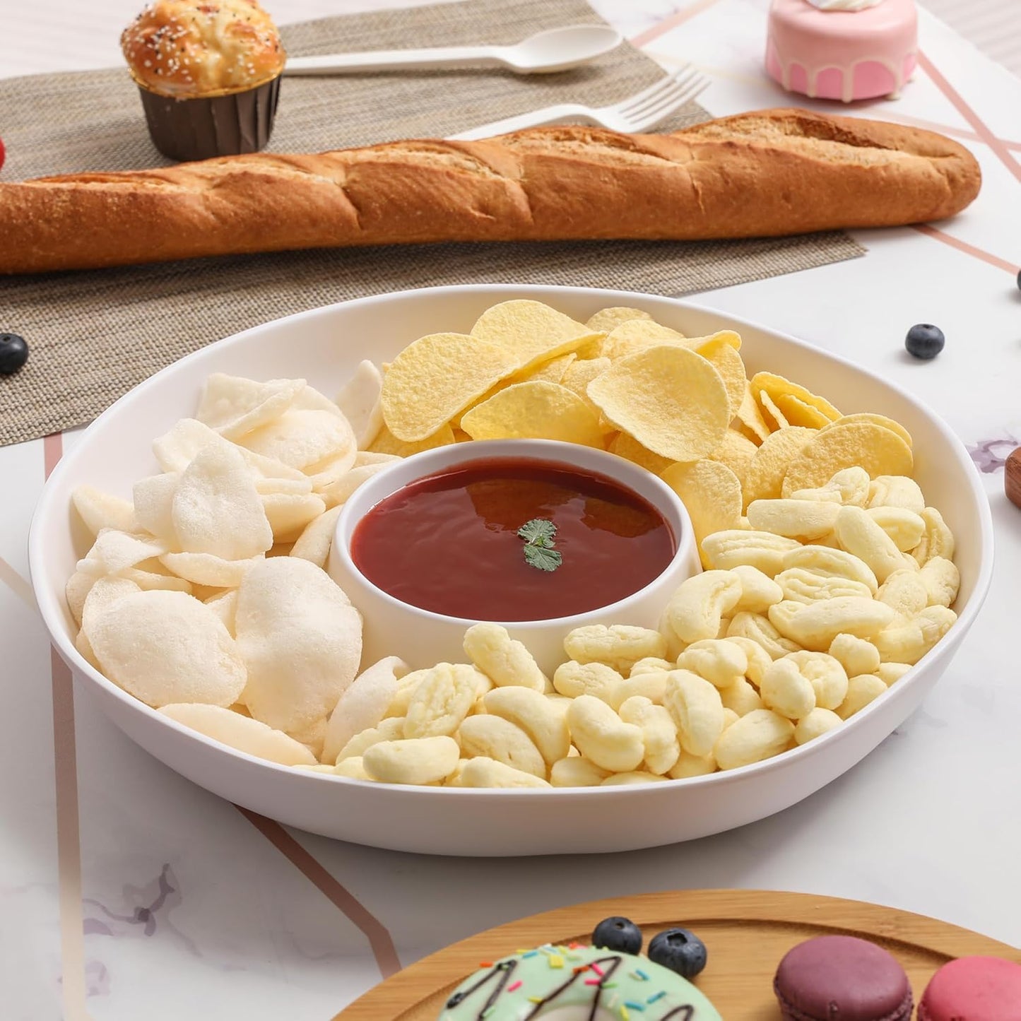 Chip and Dip Serving Set Divided Serving Platter Appetizers and Cheeses Serving Tray White Compartment Dishes for Party, Christmas, Dessert, Fruit, Candy, 13-inch Set of 2