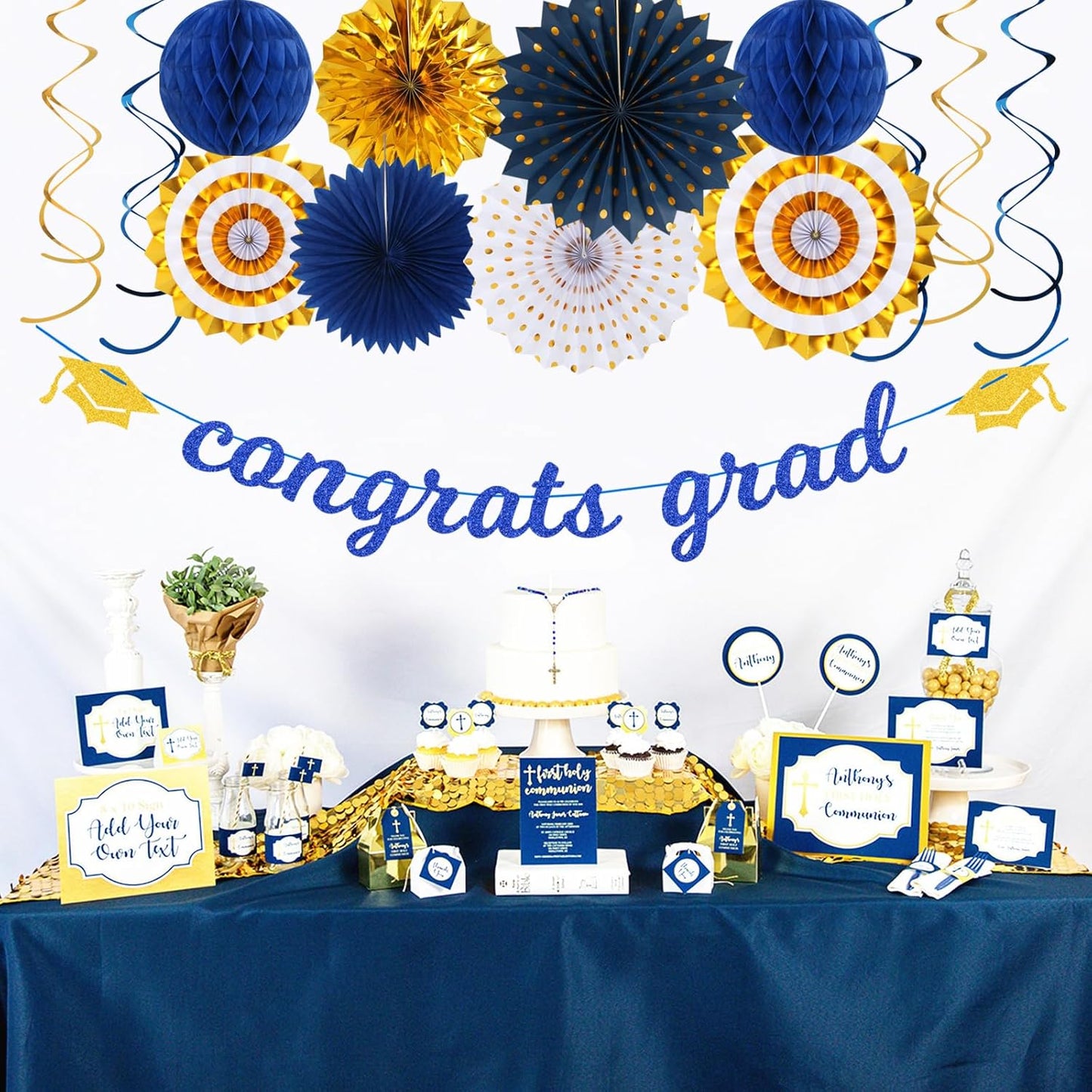 Navy-Blue White Silver Tissue Pom-Poms - 15pcs 5 Size Party Decorations Paper Flowers,Graduation Wedding Baby Bridal Shower Room Hanging Decorations Boy Birthday Party Backdrop Decor Panduola