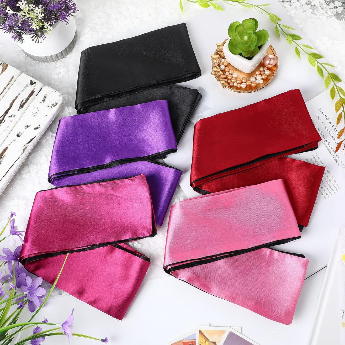 Coume 10 Pcs Satin Eye Mask Blindfold, 150 Cm/ 59 Inch Silk Blindfolds Sleeping Face Cover Blindfold Tie for Party Games, Black Rose Red Purple Pink
