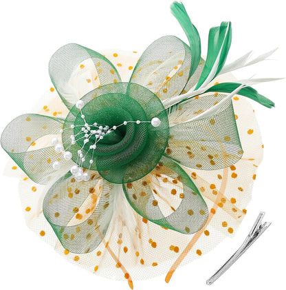 DRESHOW Fascinators Hat Flower Mesh Ribbons Feathers on a Headband and a Clip Tea Party Headwear for Girls and Women - Colors A