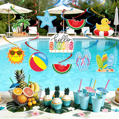 24Pcs Summer Hanging Decorations, Summer Party Ceiling Swirls Cutouts, Beach Theme Hanging Swirls for Home Office Classroom Birthday Beach Party Ceiling Decoration