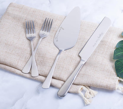 Wedding Cake Knife and Server Set with Forks, Engraved Cake Cutting Set for Wedding Anniversary Christmas Engagement（Gold