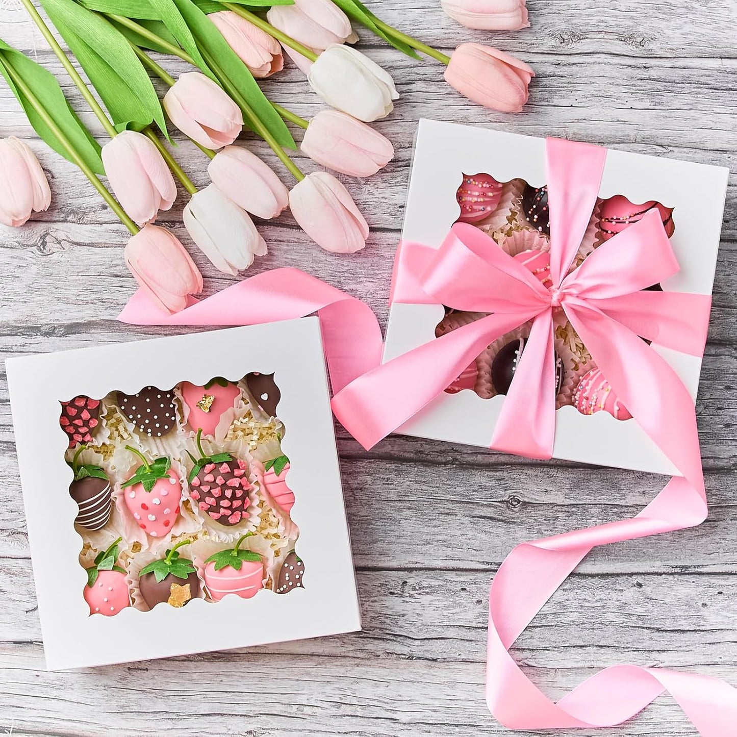 Kucoele 20 PCS Pie Boxes, 9 x 9 x 2.5 Inches Bakery Boxes with Window, Auto-Popup Cookie Boxes White Treat Boxes for Chocolate Strawberries, Pastries, Muffins, Donuts