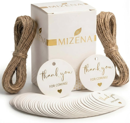 100 Pcs Gold Foil Thank You for Coming Tags, Extra Thick 350 GSM Round Gift Tags with 66ft Jute Twine, Premium Boxed Wedding Favors, Baby Shower, Bridal Shower, Party Favor Labels (2")
