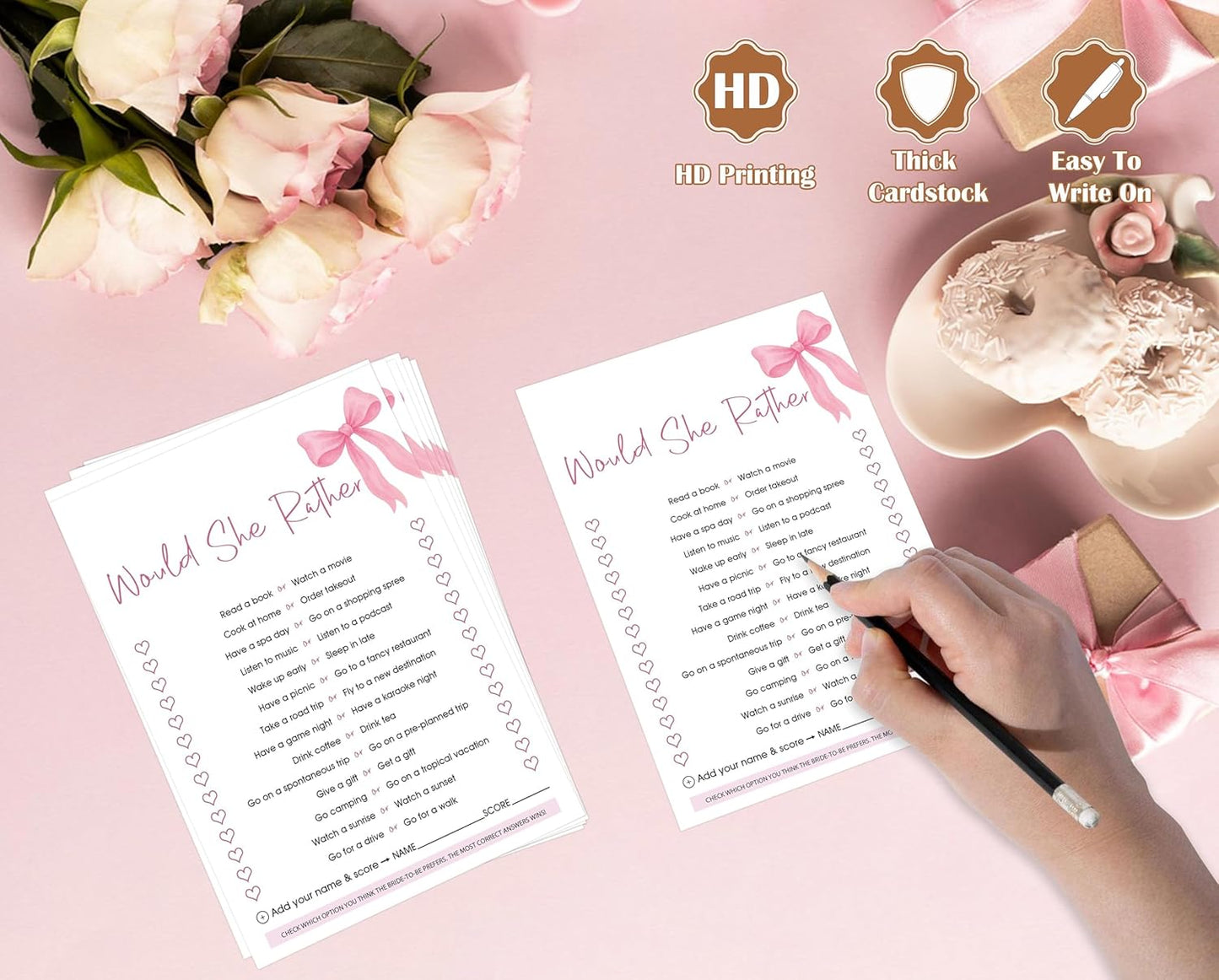 Pink Bow Bridal Shower Bingo Game with Blank Squares, Pack of 30 Game Cards, Bridal Shower Decorations, Wedding Engagement Decor, Bachelorette Party Supplies - KR05