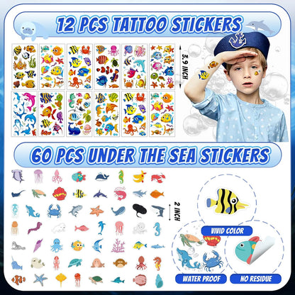 144 Pcs Under the Sea Party Favors Set with Keychains Slap Bracelet Scratch Art Tattoo Stickers Wristbands Treat Boxes Ocean Party Favors Under the Sea Party Decorations