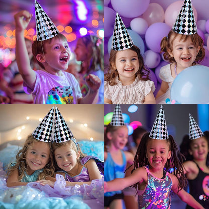 FYSUIMU 30Pcs Iridescent Checkered Birthday Party Hats Holographic Black Checkerboard Design Paper Cone Hat for Race Car Theme Birthday Party Supplies, 5.5 x 7.9 Inch