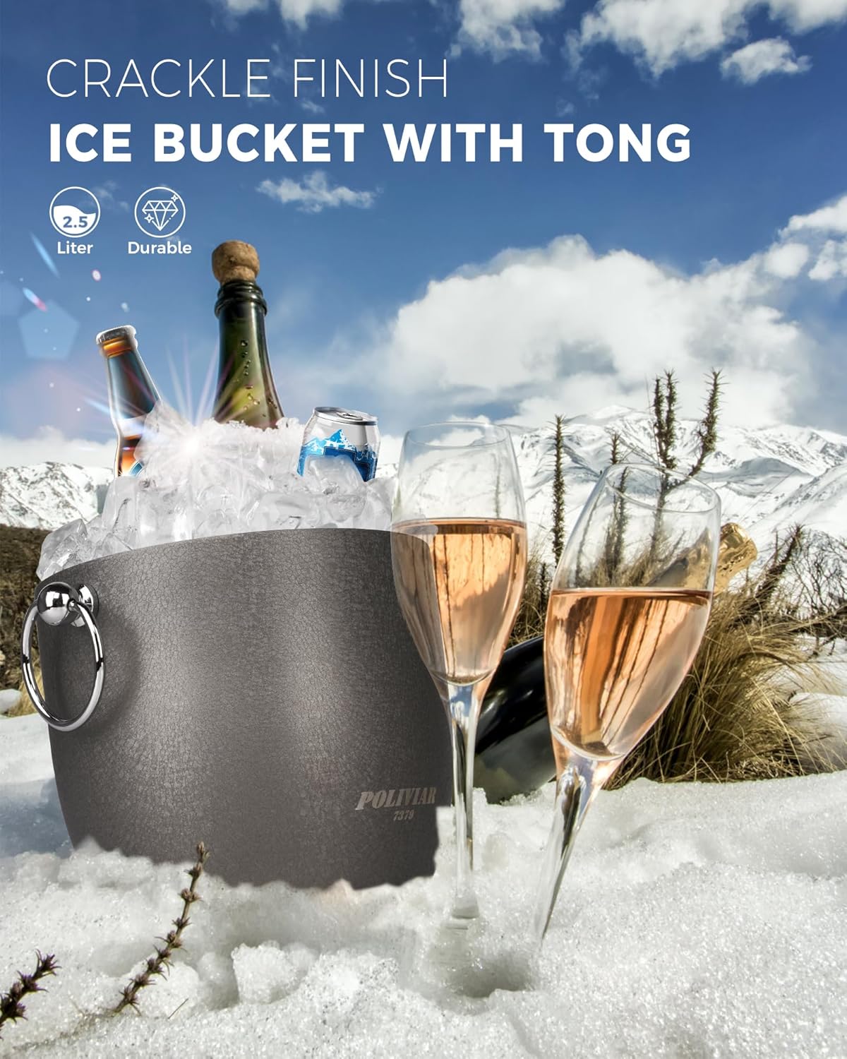 POLIVIAR Ice Bucket, 2.5L Double Wall Ice Bucket with Lid, Stainless Steel Ice Bucket with Tong & Strainer, Ice Bucket for Cocktail Bar, Home & Parties, JX2023-IBLU