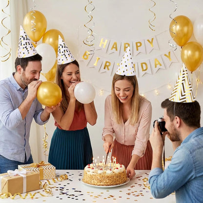 Boieo Party Hats Birthday Cone Set Gold Polka Dot Striped Paper for Adults Kids Happy Birthday Party Decorations 12 Pcs