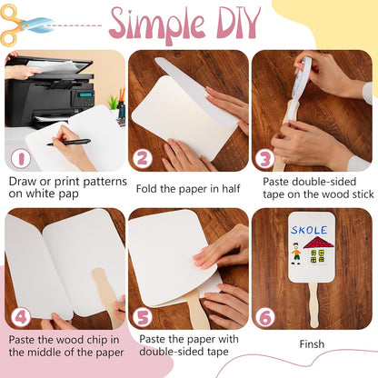 TaoBary 50 Pieces DIY Paper Church Fans Handheld Set Fan Sticks Wooden Handle Craft Sticks Wavy with Blank White Cardstock Tape for Wedding Celebration