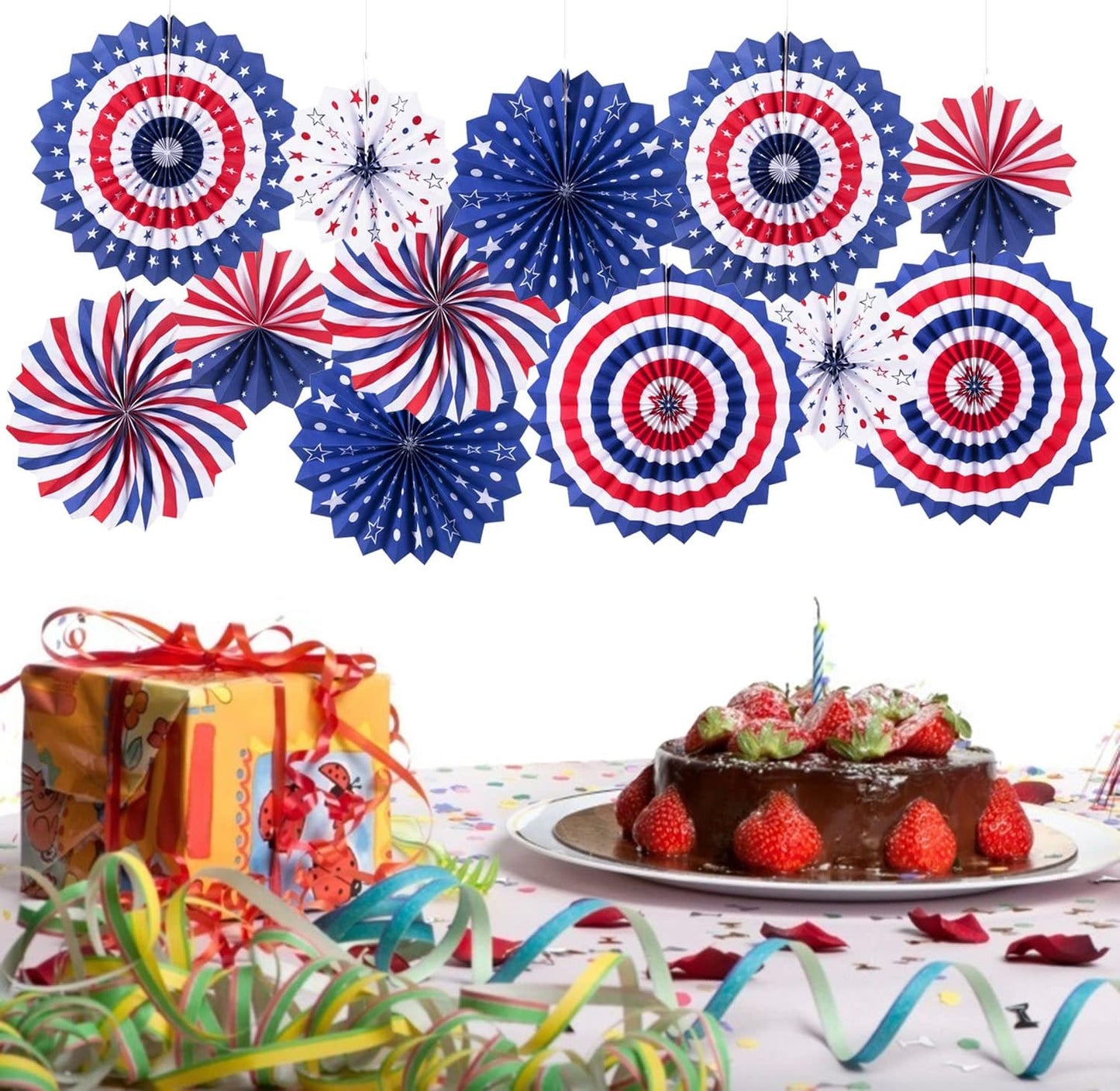 4th of July Patriotic Decorations Red White Blue Hanging Paper Fans for American Fourth of July Memorial Day Independence Day Veterans Day Party Decor Supplies Set of 12