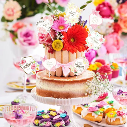24 PCS Happy Mother's Day Cupcake Toppers with Glitter Heart Love Mother Best Mom Cupcake Picks for Happy Mother's Day Theme Women Birthday Party Cake Decorations Supplies Rose Gold