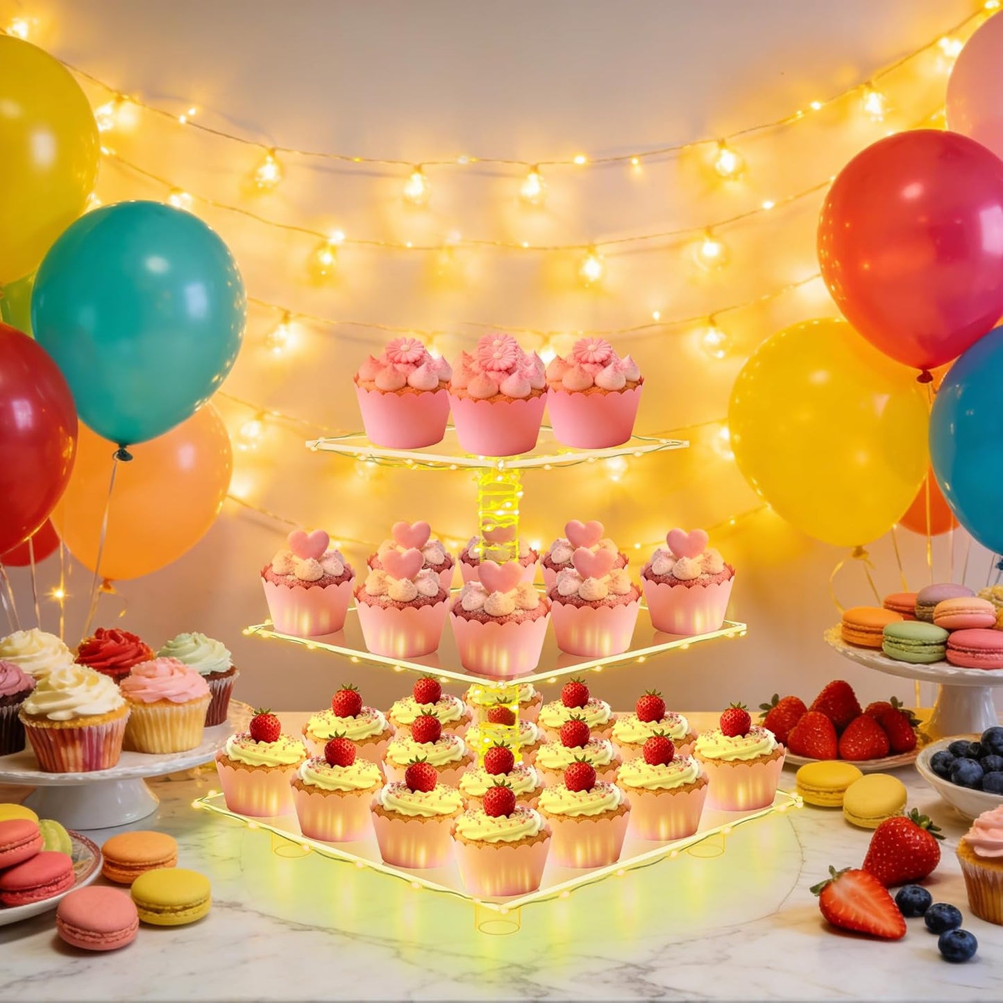 YestBuy Cupcake Stand with Yellow Led Lights, 4 Tier Cupcake Stand for 50 Cupcakes, Acrylic Cupcake Tower Stand, Clear Tiered Cupcake Holder for Birthday Cady Bar Décor Weddings, Parties Events