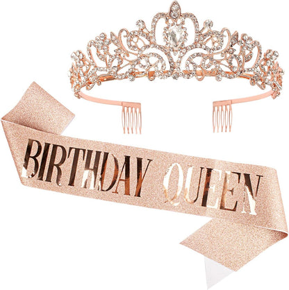 Happy Birthday Queen Tiara Crowns for Women, Red Sash, Party Favors Supplies Gift, 30th Decorations, Stuff Accessories