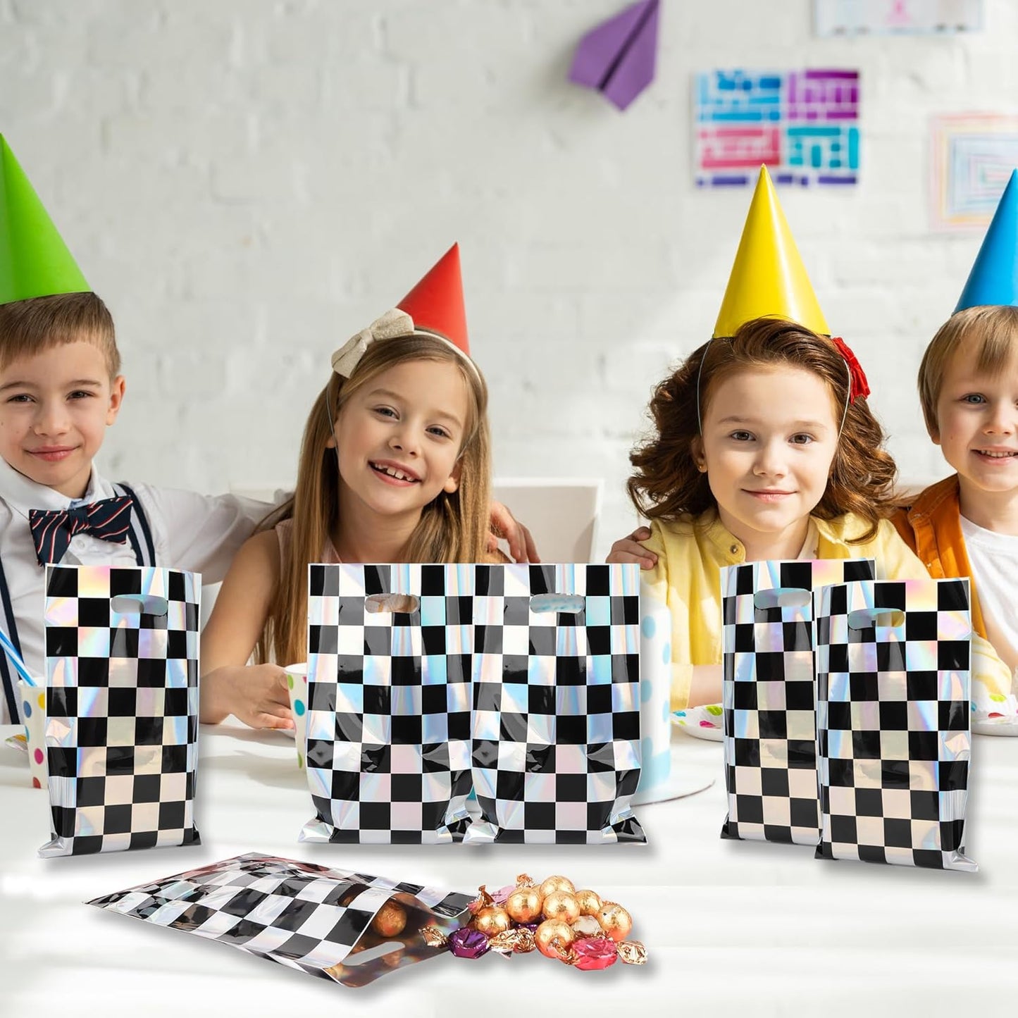Mikzhskr 30Pcs Race Car Party Favors Bag Goodie bags Racing in Speed Party Decorations Soccer Theme Black and White Checkered Candy Bags with Handles for Kids Race Car Birthday Party Supplies