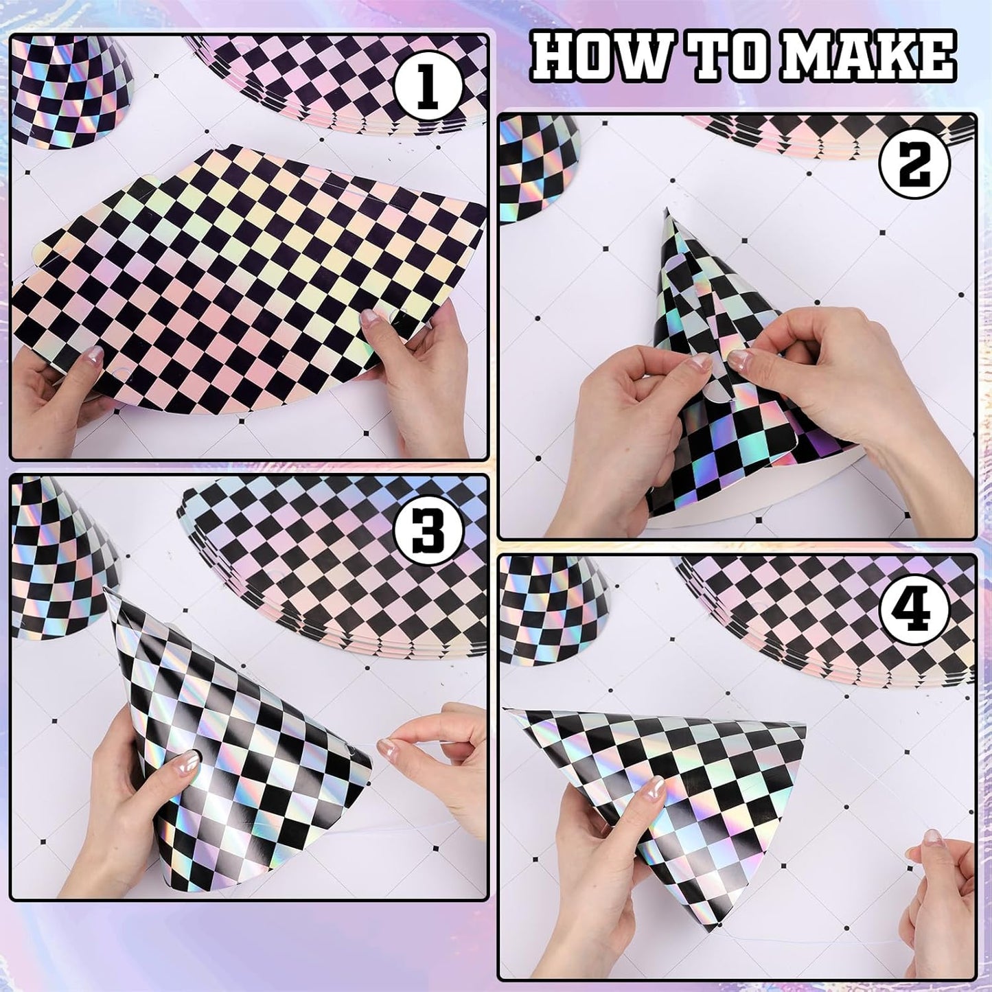 FYSUIMU 30Pcs Iridescent Checkered Birthday Party Hats Holographic Black Checkerboard Design Paper Cone Hat for Race Car Theme Birthday Party Supplies, 5.5 x 7.9 Inch