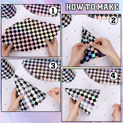 FYSUIMU 30Pcs Iridescent Checkered Birthday Party Hats Holographic Black Checkerboard Design Paper Cone Hat for Race Car Theme Birthday Party Supplies, 5.5 x 7.9 Inch