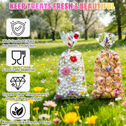 Soarvita Wildflower Cellophane Treat Bags: 50Pack Clear Plastic Floral Goodie Bags with 60 Ties for Cookies Snacks & Gift Packaging, Spring Candy Bag for Baby Bridal Shower Wedding Party Favors