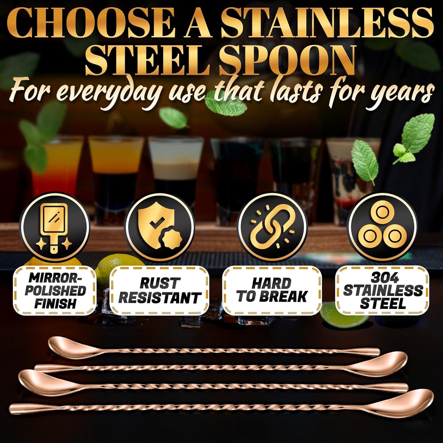 4 Pcs Bar Spoon Cocktail Mixing – Stirs Deep Glasses All the Way to the Bottom, Even Mixing & Easy Drink Layering – 12'' Long Balanced Stainless Steel Cocktail Stirrers for Drinks with Twisted Handle