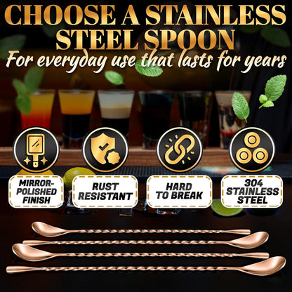 4 Pcs Bar Spoon Cocktail Mixing – Stirs Deep Glasses All the Way to the Bottom, Even Mixing & Easy Drink Layering – 12'' Long Balanced Stainless Steel Cocktail Stirrers for Drinks with Twisted Handle