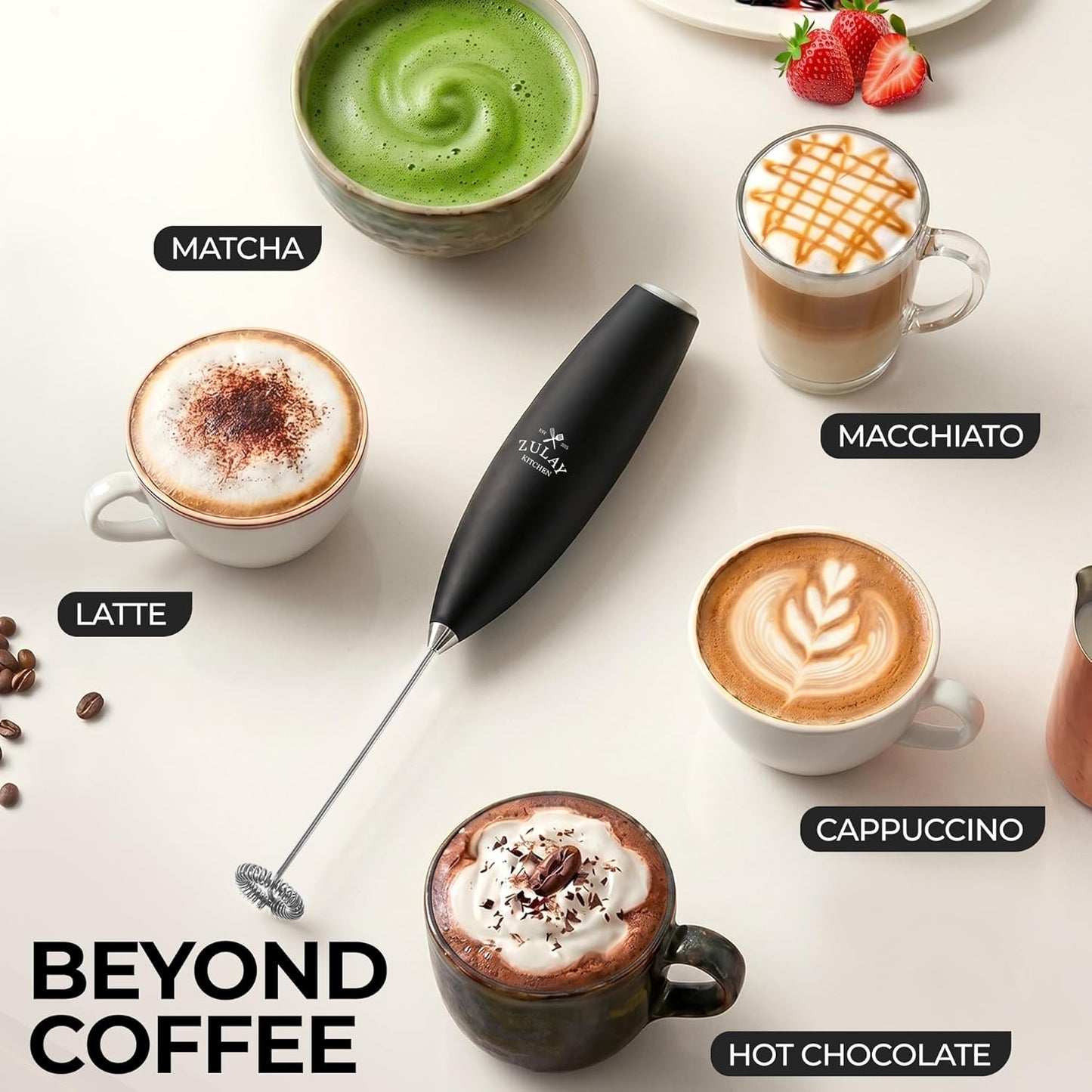Zulay Kitchen Powerful Milk Frother AA Batteries Included – Ultra Fast Handheld Drink Mixer with Stainless Steel Whisk Stirrer for Coffee, Protein, Matcha & More, Frother Wand Electric Frothmate Black - Colors E