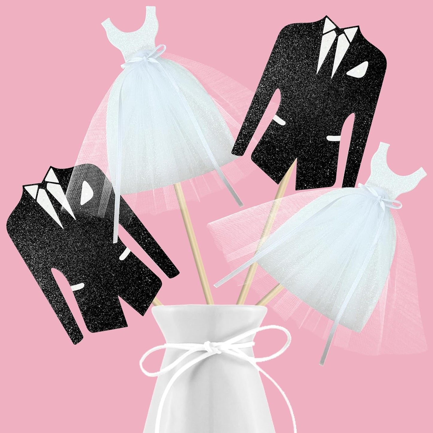 8pcs Bridal Shower Centerpiece Sticks Glitter Wedding Party Centerpiece Decorations for Bride and Groom White Tulle Dress Black Tuxedo Dress Theme Party Table Toppers for Bridal Shower Supplies